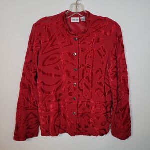 Chico's Top Red Velvet Burnout Womens 1/M Button Up Artsy Semi Sheer Holiday